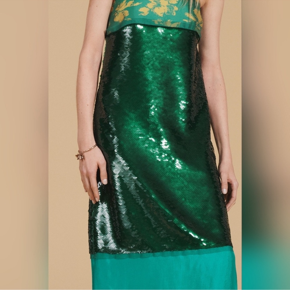 Zara Green Sequin & Teal Colorblock Midi Dress - Picture 9 of 14